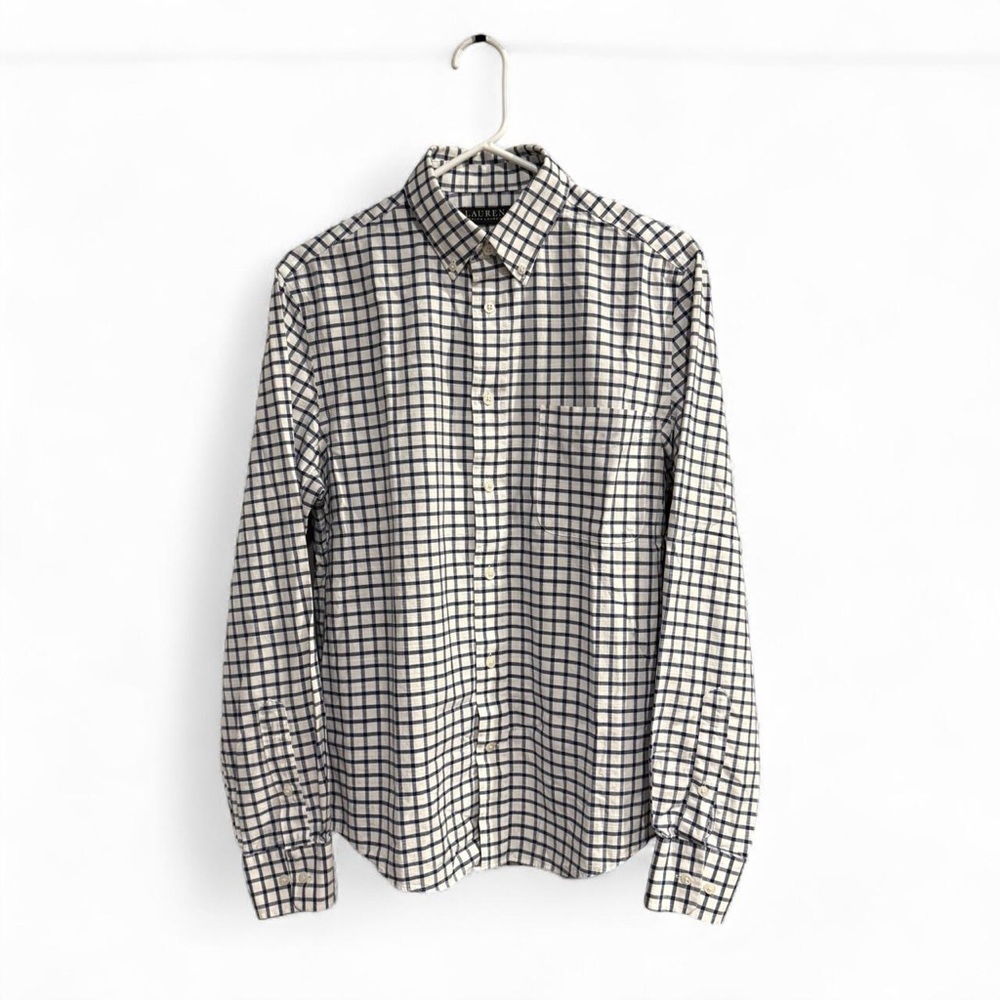 Ralph Lauren White and Navy Blue Checkered Button Down Shirt Size Small (S)